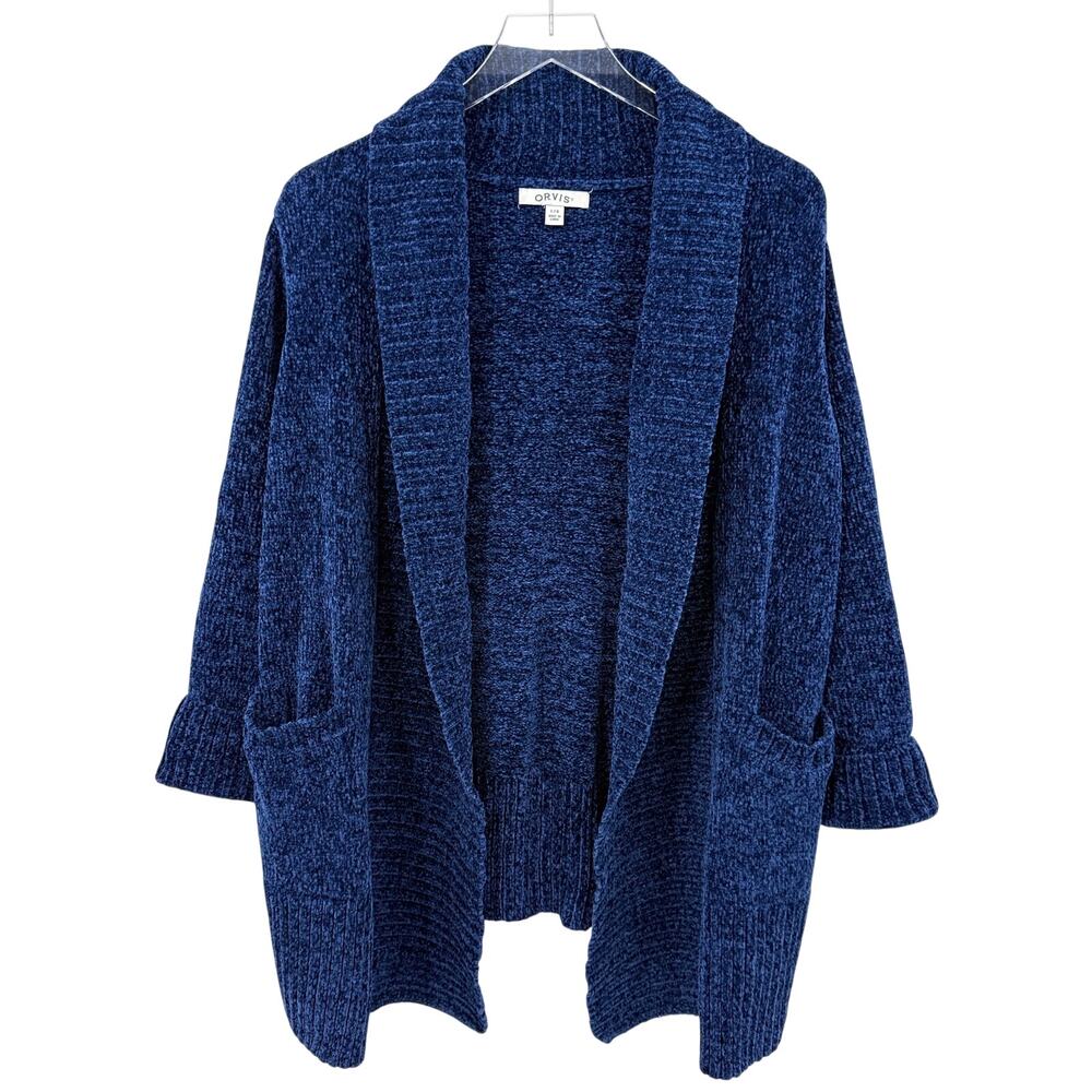Orvis Chenille Open Front Cardigan Sweater Blue Pockets Womens Large